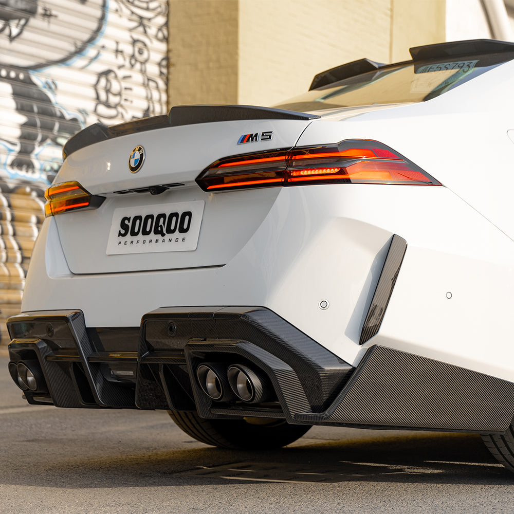 SOOQOO BMW M5 G90 carbon fibre rear diffuser - rear three-quarter view