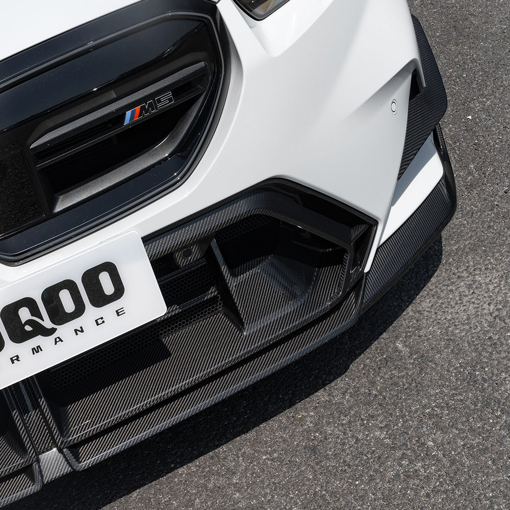 SOOQOO BMW M5 G90 carbon fibre front splitter - rear three-quarter view
