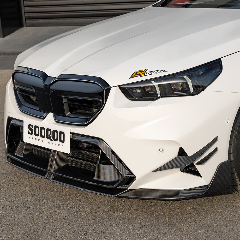 SOOQOO BMW M5 G90 carbon fibre front splitter - rear three-quarter view