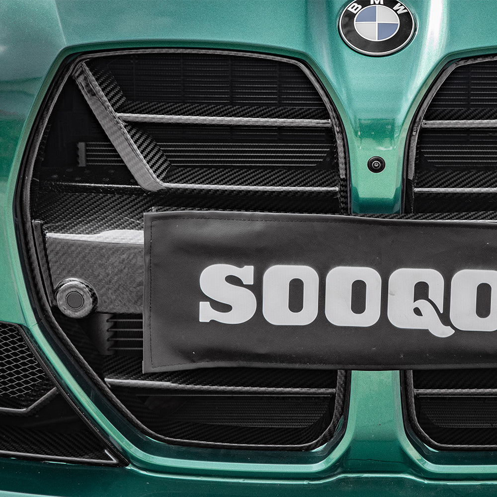 SOOQOO BMW M3 G80 carbon fibre grille - top-down view showing panel alignment