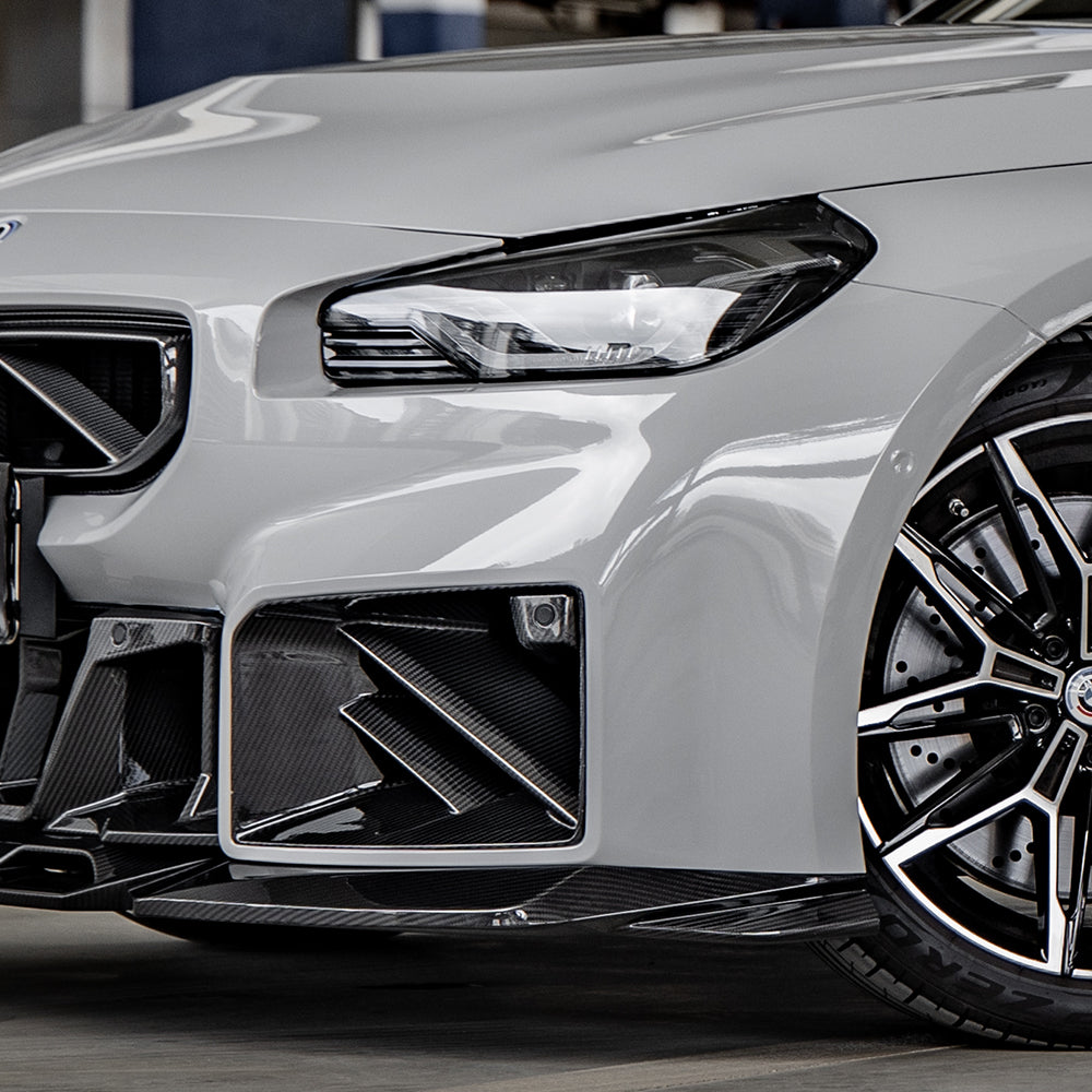 SOOQOO BMW M2 G87 carbon fibre front splitter - full vehicle shot with part installed