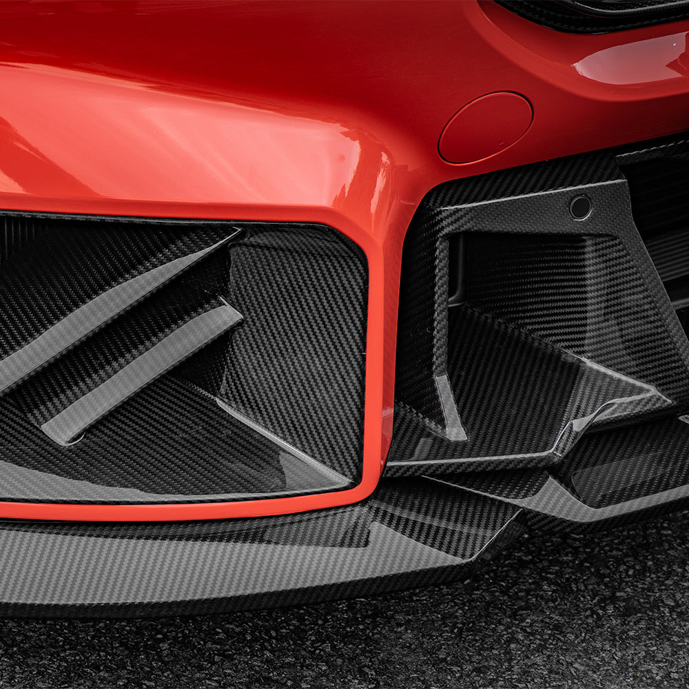 SOOQOO BMW M2 G87 carbon fibre front splitter - top-down view showing panel alignment