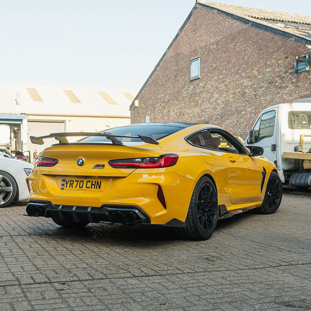 SOOQOO BMW M8 F91 carbon fibre rear diffuser - rear three-quarter view