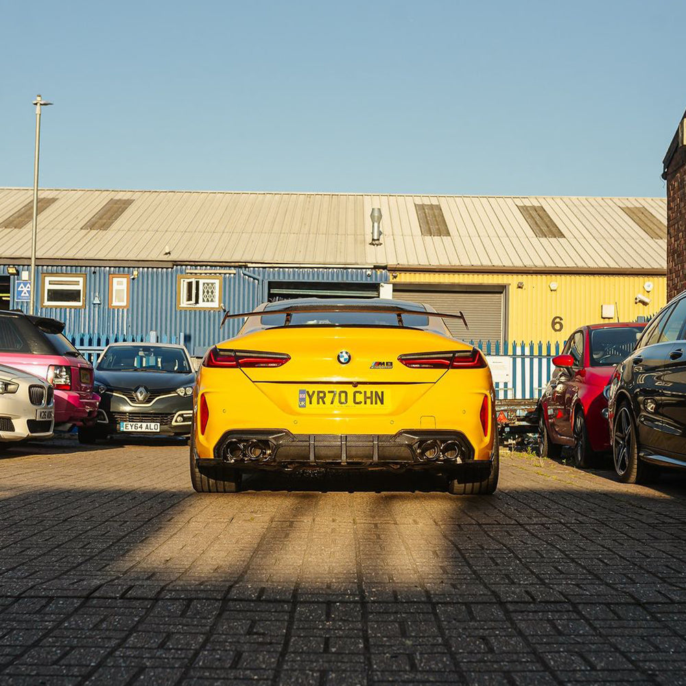 SOOQOO BMW M8 F91 carbon fibre rear diffuser - full vehicle shot with part installed