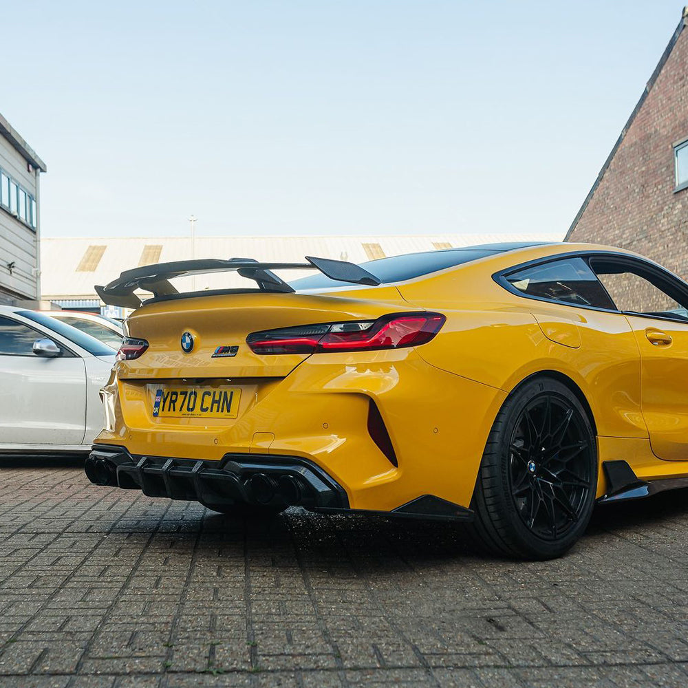SOOQOO BMW M8 F91 carbon fibre rear diffuser - side profile view