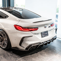 SOOQOO BMW M8 F91 carbon fibre rear diffuser - rear three-quarter view