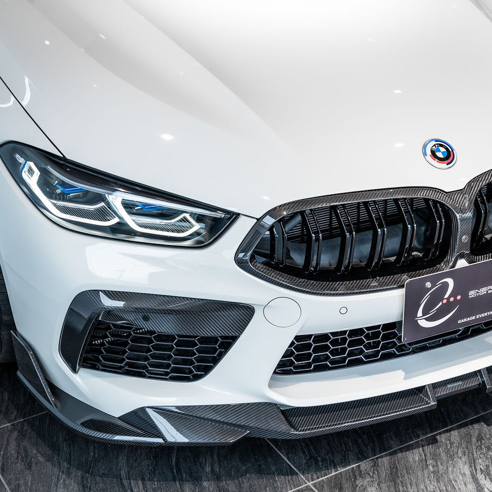 SOOQOO BMW M8  carbon fibre front splitter - full vehicle shot with part installed