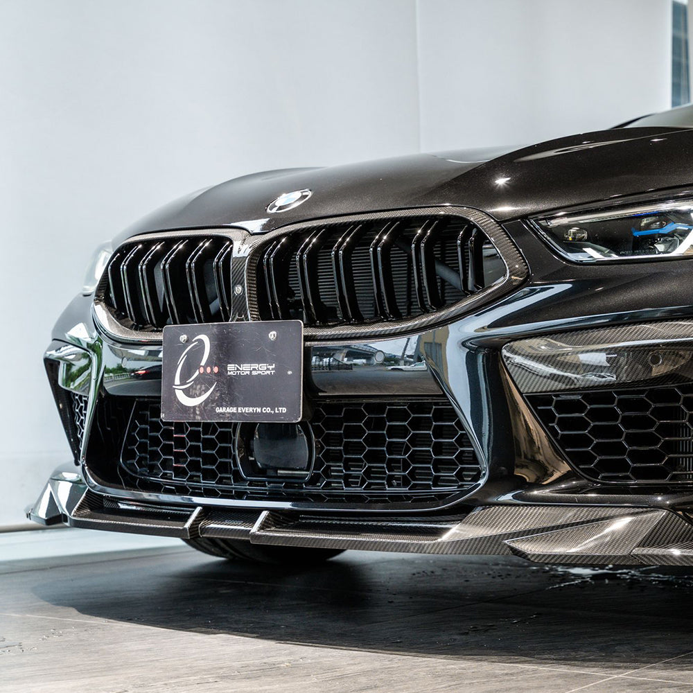 SOOQOO BMW M8  carbon fibre front splitter - rear three-quarter view