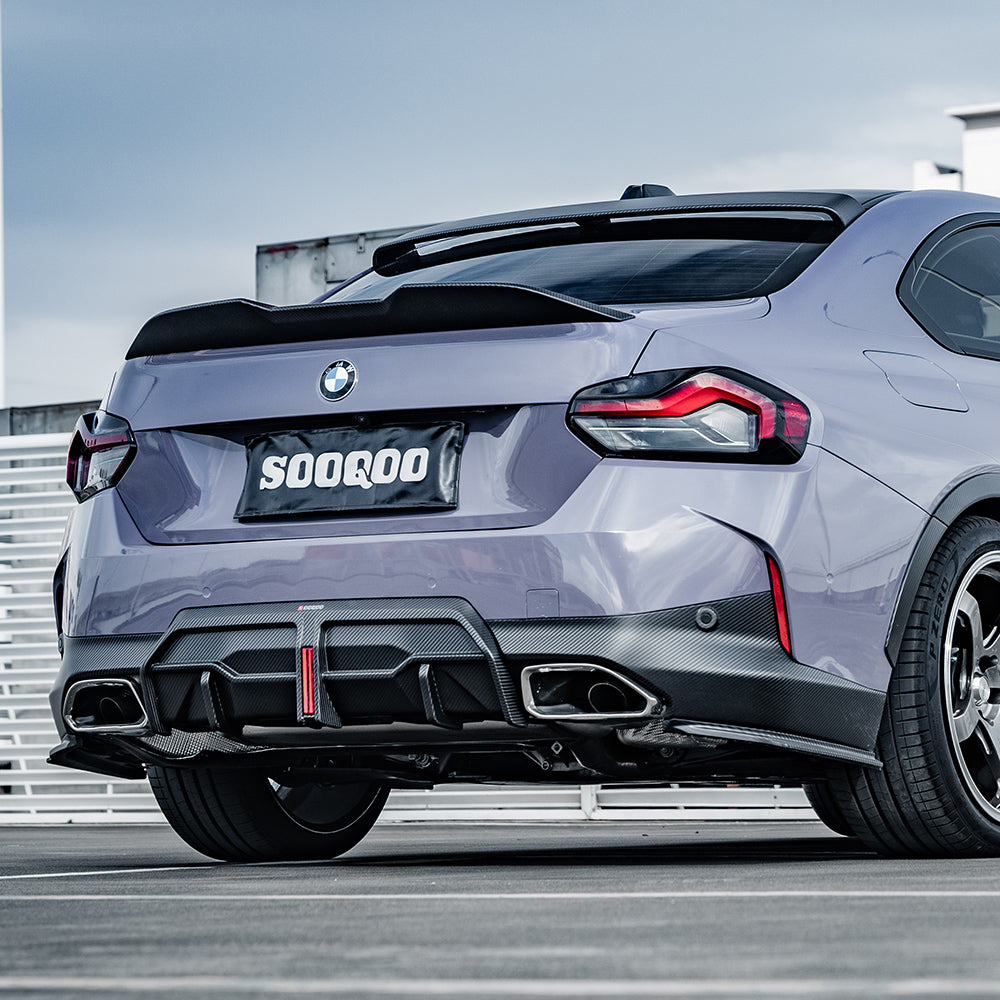SOOQOO BMW 2 Series G42 carbon fibre rear diffuser - front three-quarter view