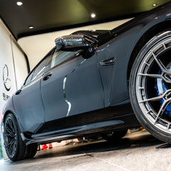 SOOQOO BMW M8 F93 carbon fibre side skirt - rear three-quarter view
