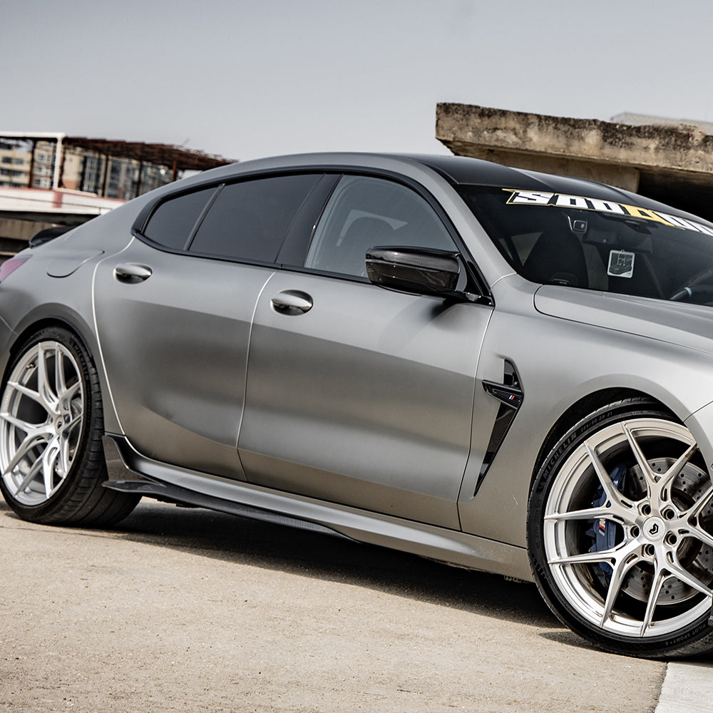 SOOQOO BMW M8 F93 carbon fibre side skirt - rear three-quarter view