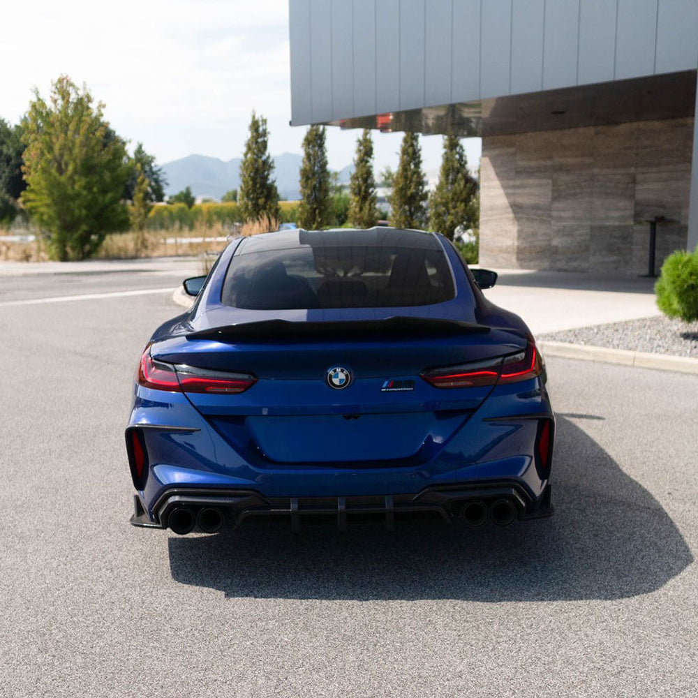 SOOQOO BMW M8 F93 carbon fibre rear diffuser - full vehicle shot with part installed