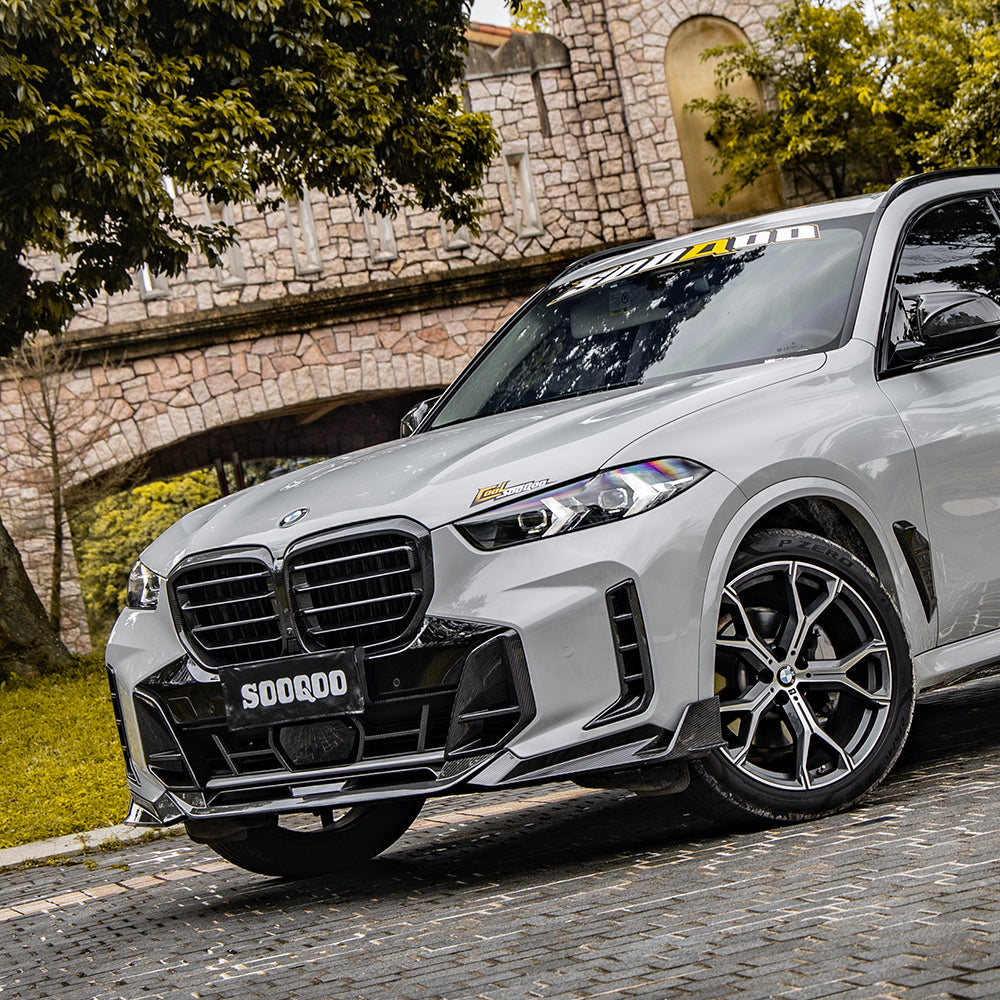 SOOQOO BMW X5 G05 carbon fibre front splitter - top-down view showing panel alignment