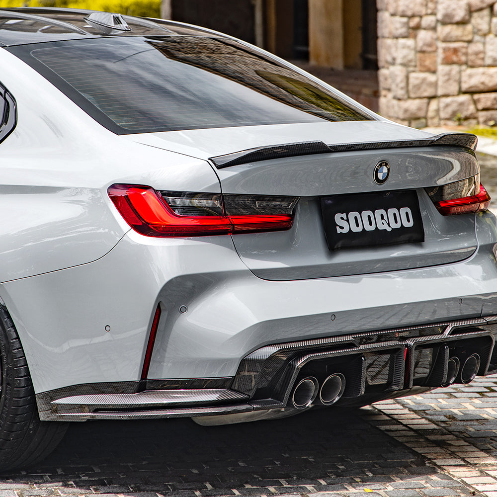 SOOQOO BMW M3 G80 carbon fibre rear diffuser - close-up of carbon fibre weave detail
