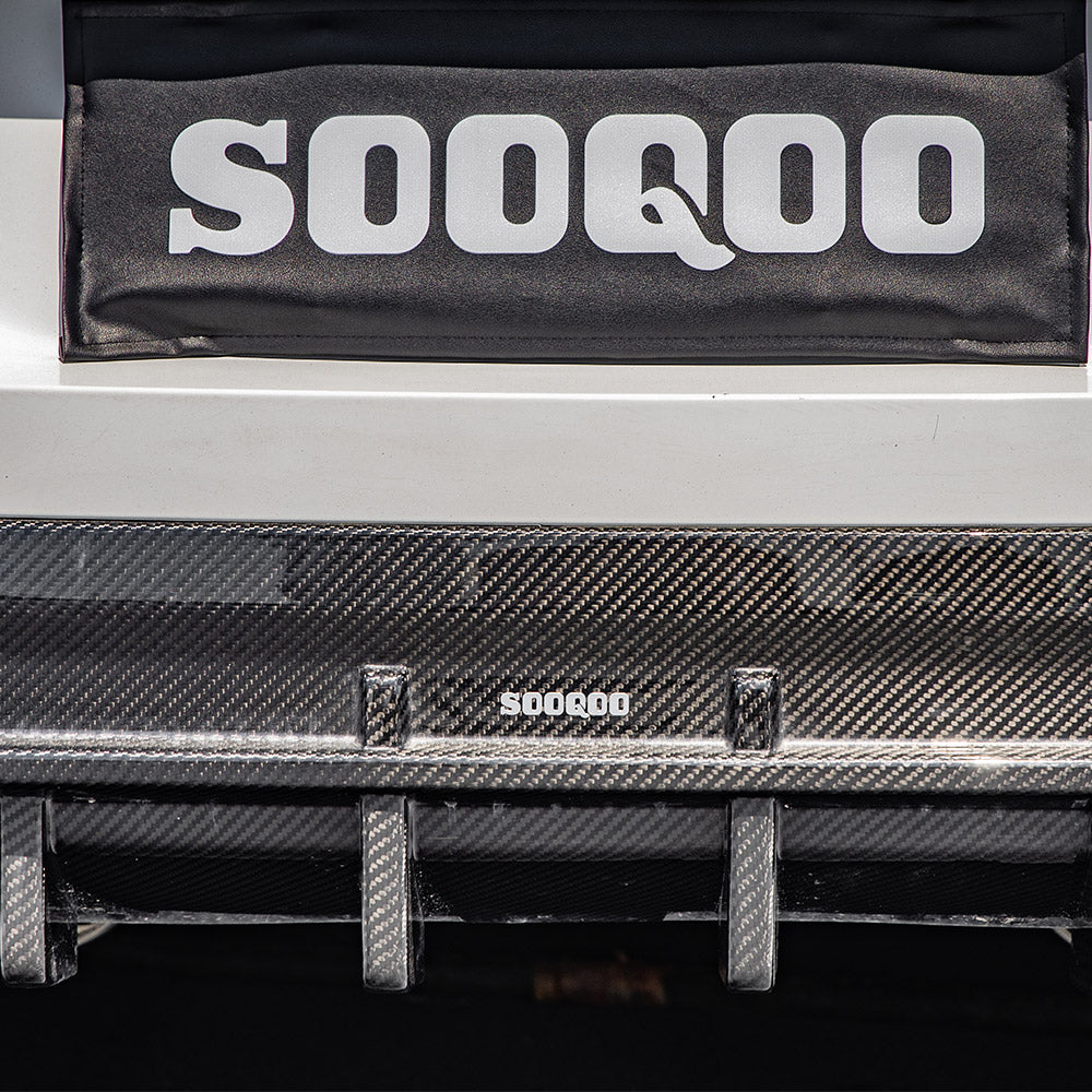 SOOQOO BMW 8 Series G14 carbon fibre rear diffuser - top-down view showing panel alignment