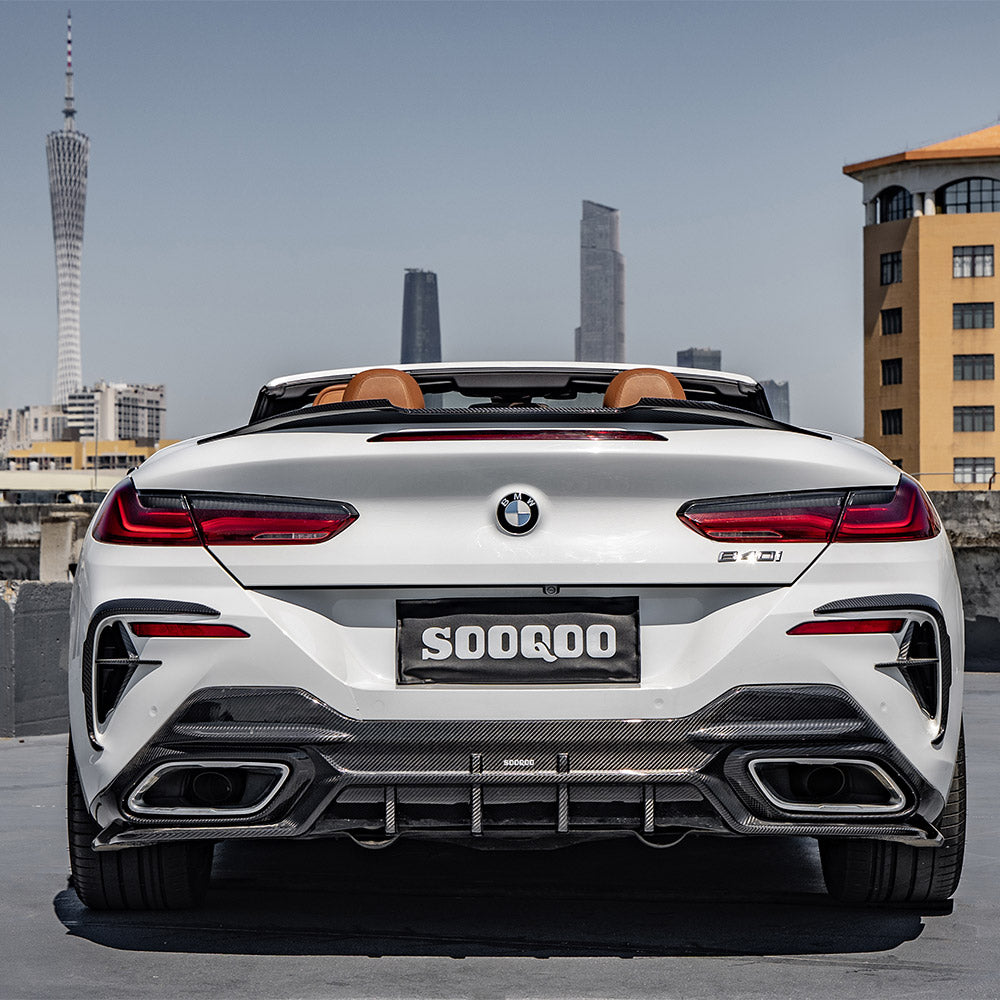 SOOQOO BMW 8 Series G16 carbon fibre rear diffuser - rear three-quarter view