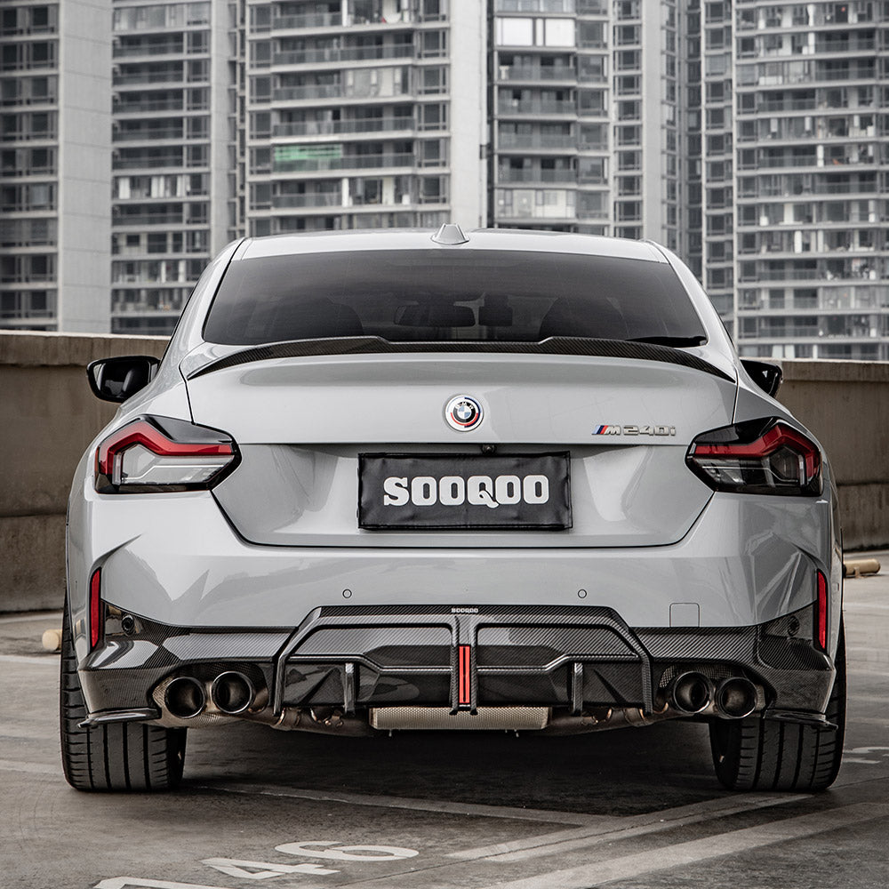 SOOQOO BMW 2 Series G42 carbon fibre rear diffuser - full vehicle shot with part installed