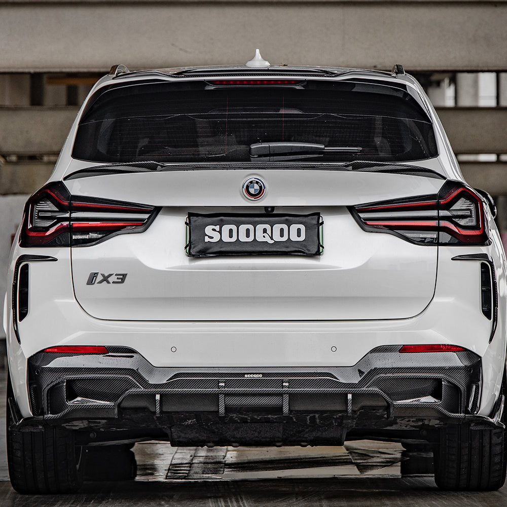 SOOQOO BMW iX3 G08 carbon fibre rear diffuser - rear three-quarter view