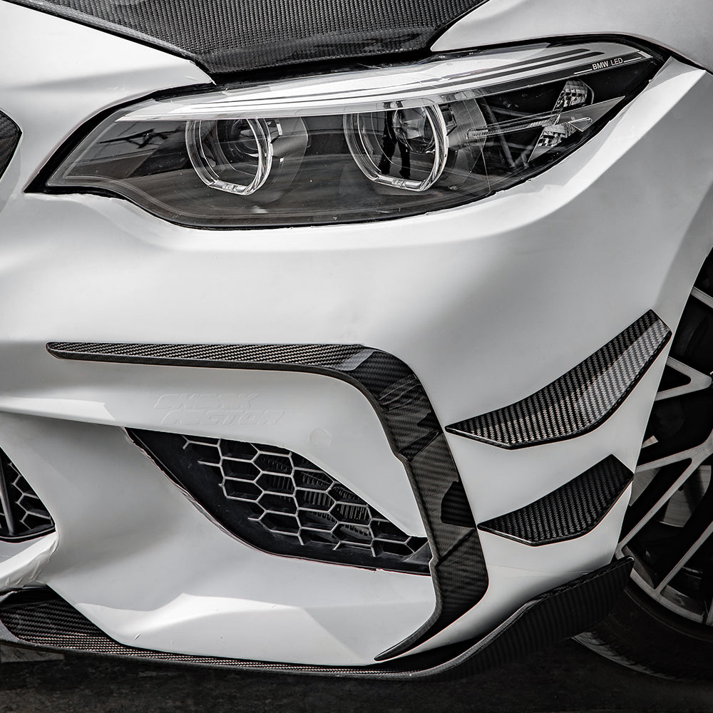SOOQOO BMW M2 F87 carbon fibre rear vent trim - rear three-quarter view