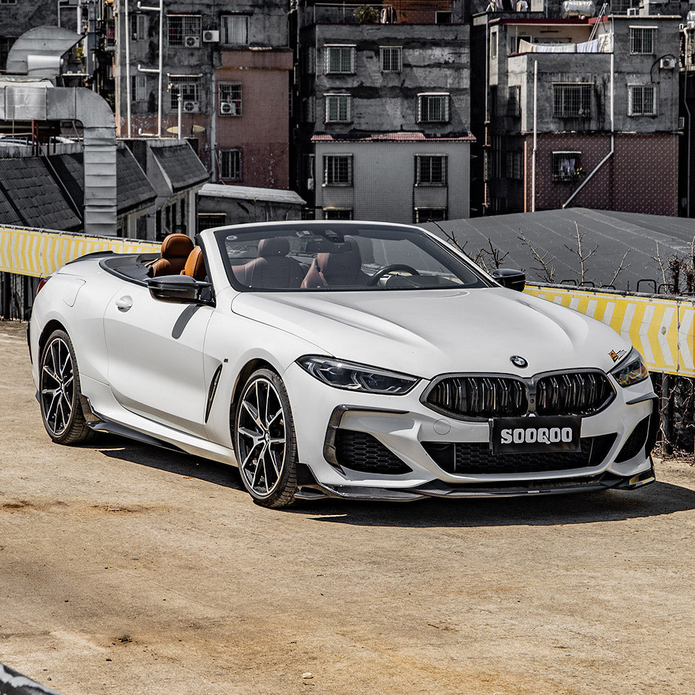 SOOQOO BMW 8 Series G16 carbon fibre front splitter - rear three-quarter view