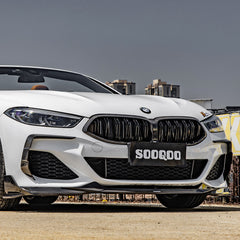 SOOQOO BMW 8 Series G16 carbon fibre front splitter - rear three-quarter view