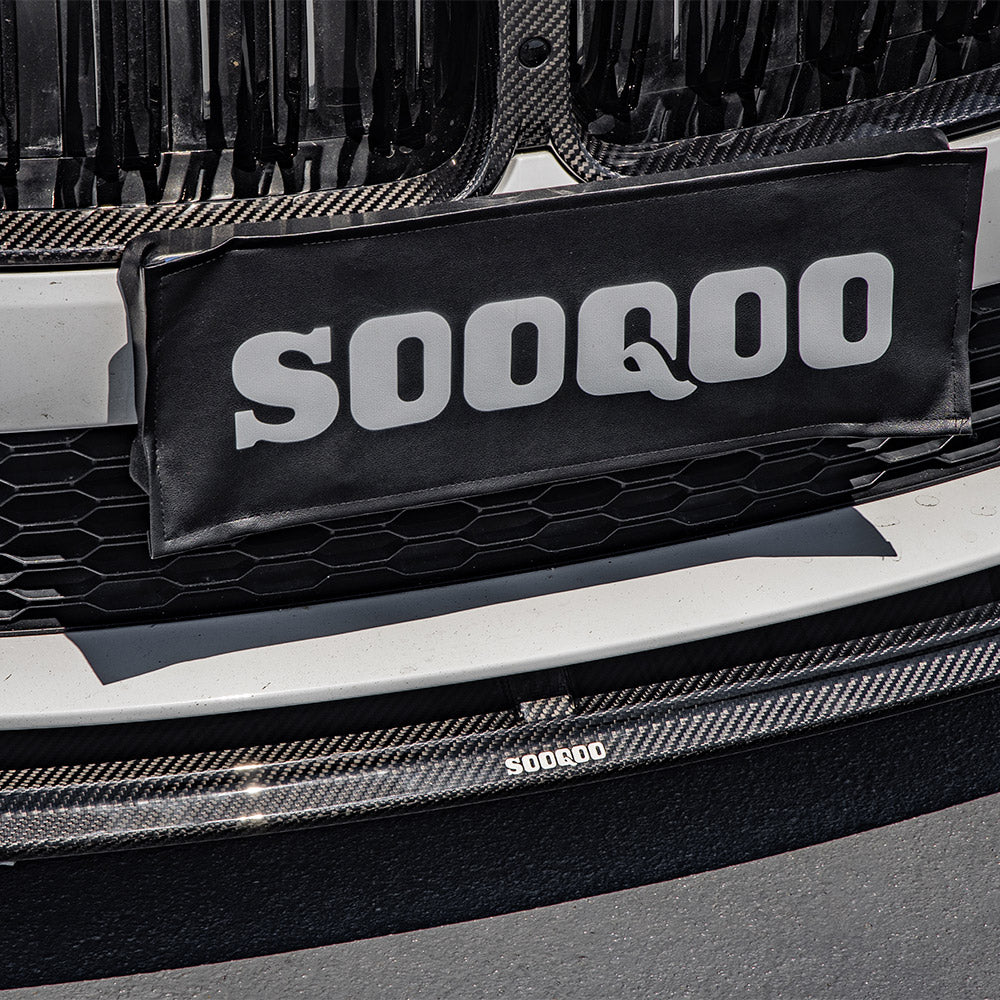 SOOQOO BMW 8 Series G16 carbon fibre front splitter - top-down view showing panel alignment