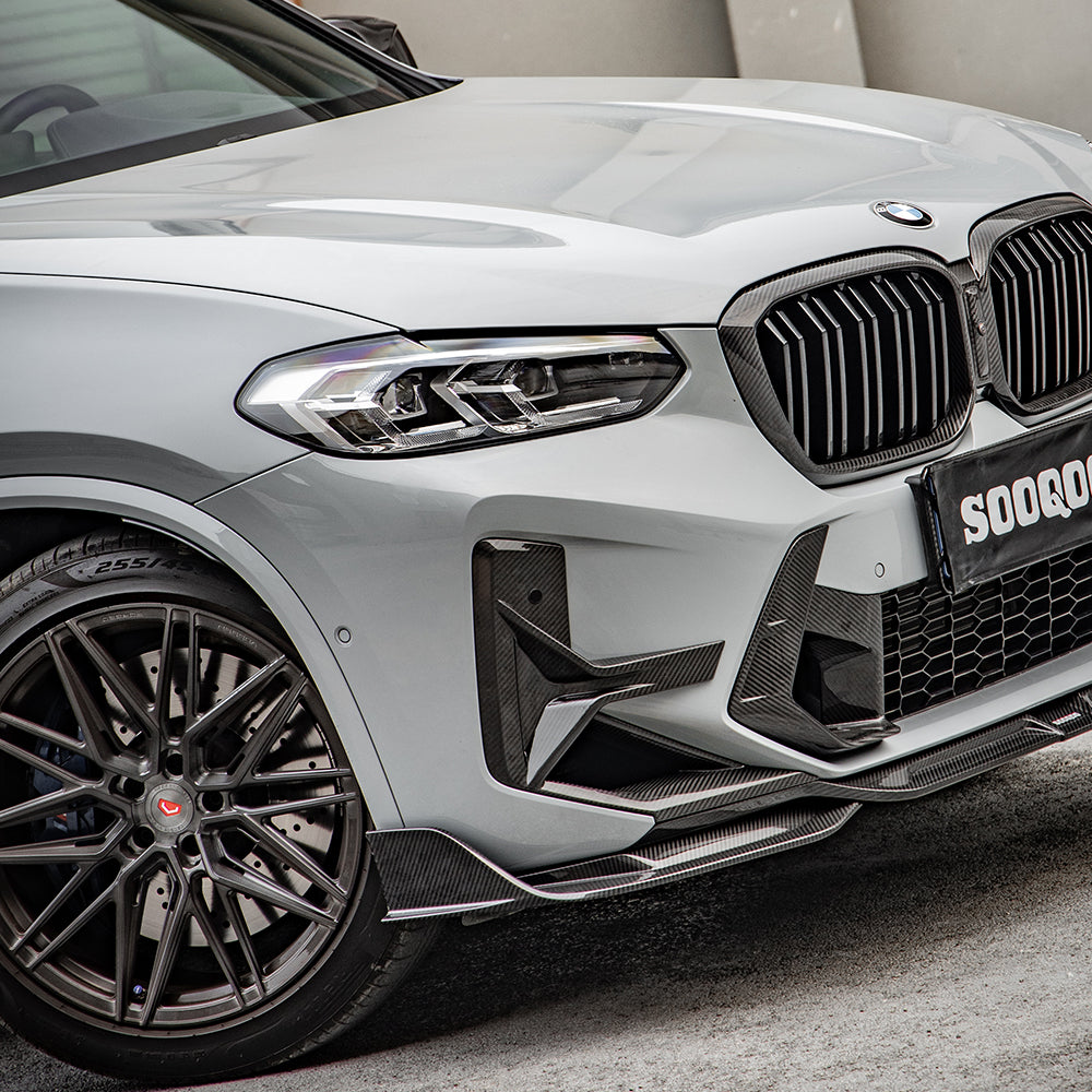 SOOQOO BMW X3M F97 carbon fibre front side vent - rear three-quarter view