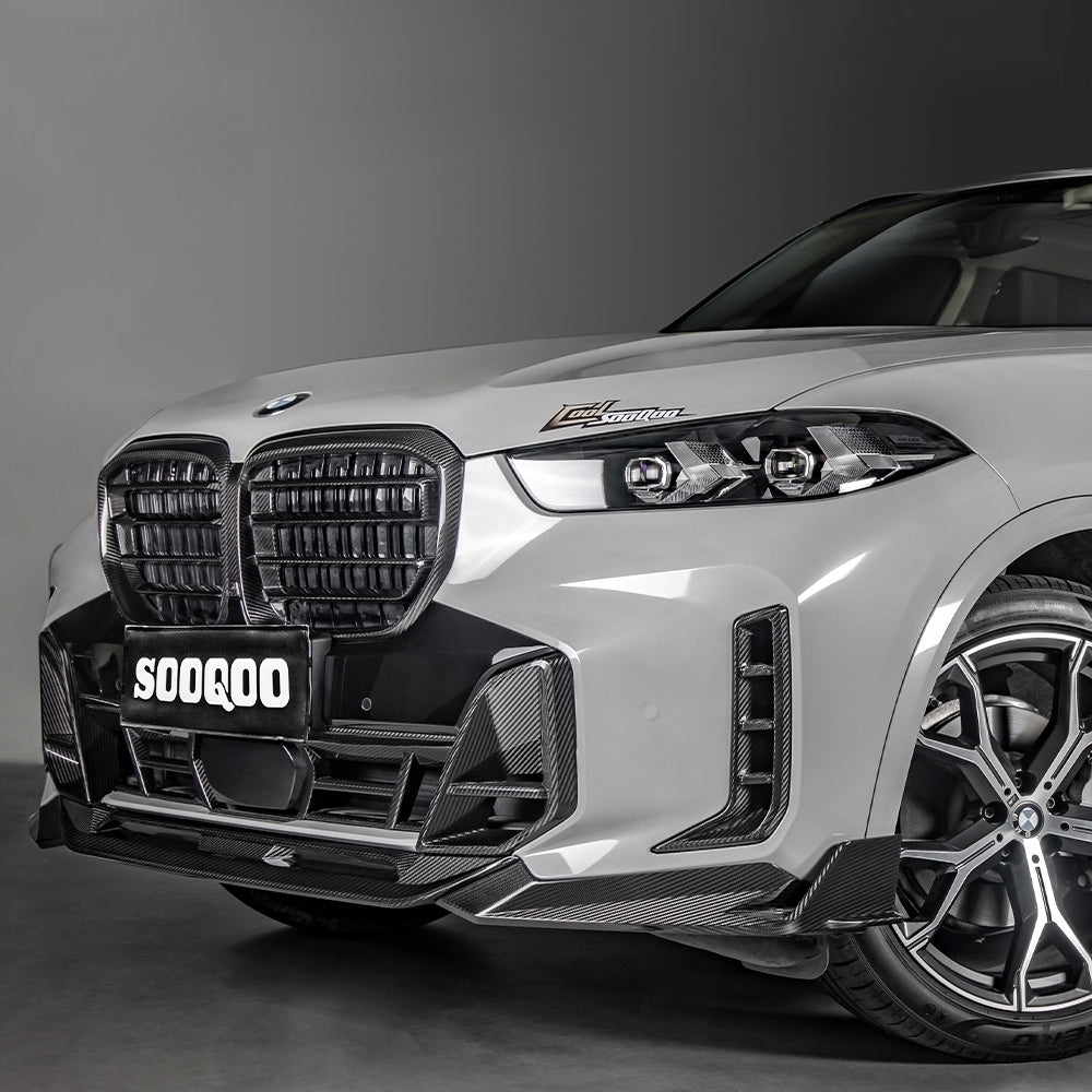 SOOQOO BMW X5 G05 carbon fibre front bumper trim - full vehicle shot with part installed