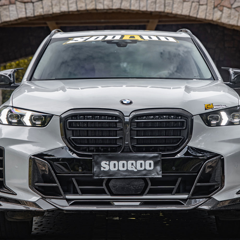 SOOQOO BMW X5 G05 carbon fibre front bumper trim - rear three-quarter view
