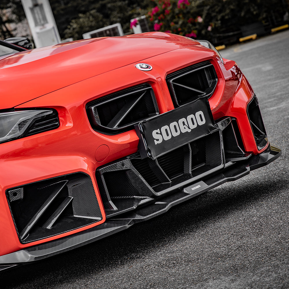 SOOQOO BMW M2 G87 carbon fibre front bumper trim - rear three-quarter view