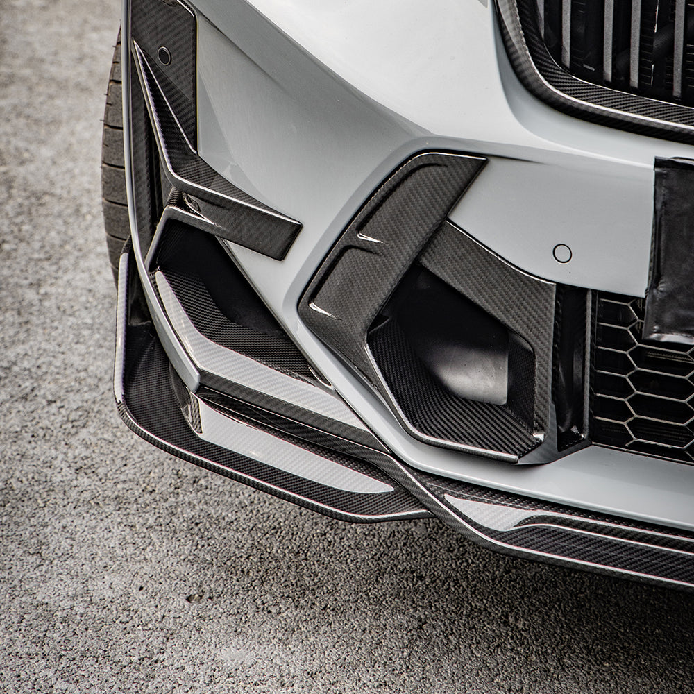 SOOQOO BMW X3M F97 carbon fibre front splitter - top-down view showing panel alignment