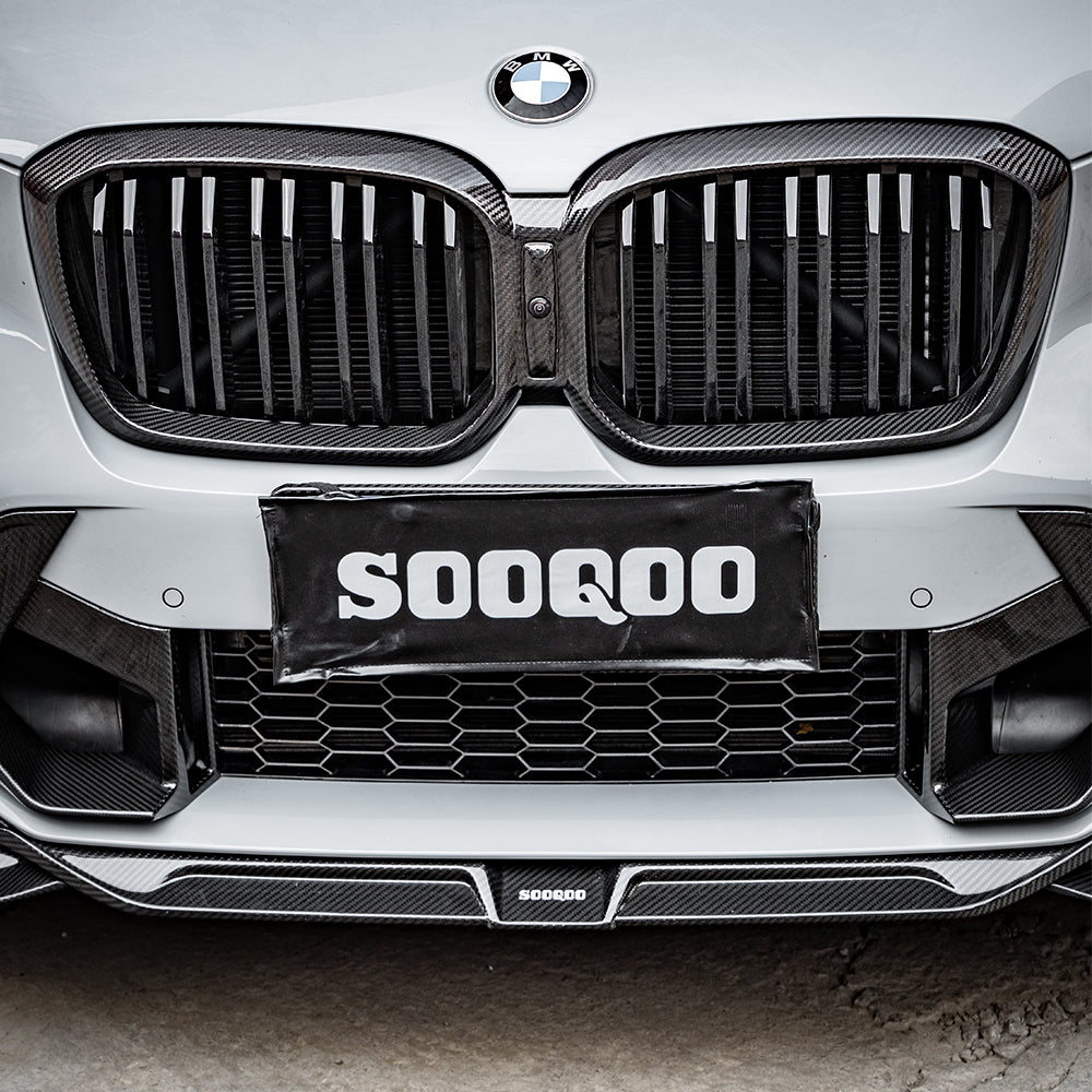 SOOQOO BMW X3M F97 carbon fibre front splitter - full vehicle shot with part installed