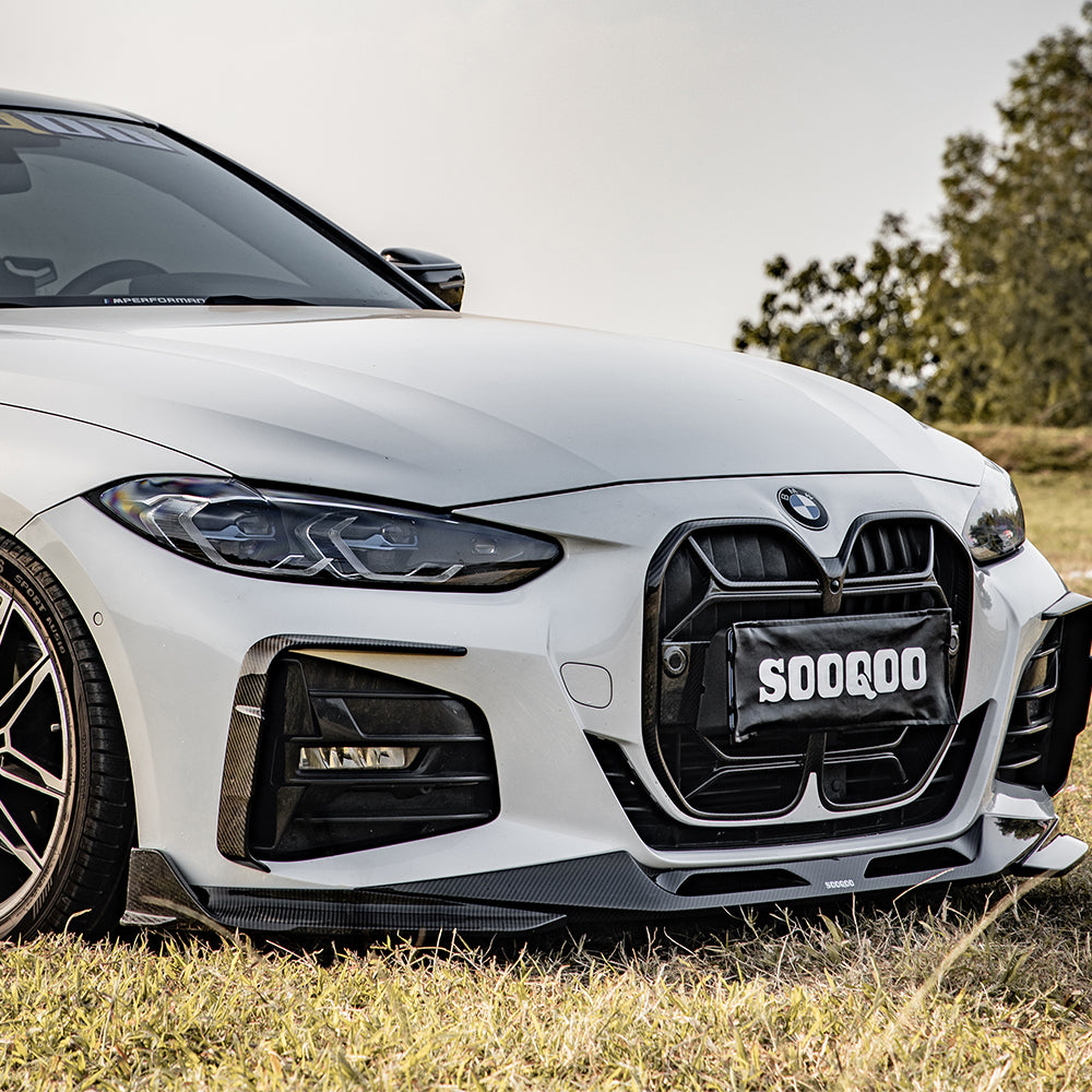 SOOQOO BMW 4 Series G22 carbon fibre front splitter - rear three-quarter view
