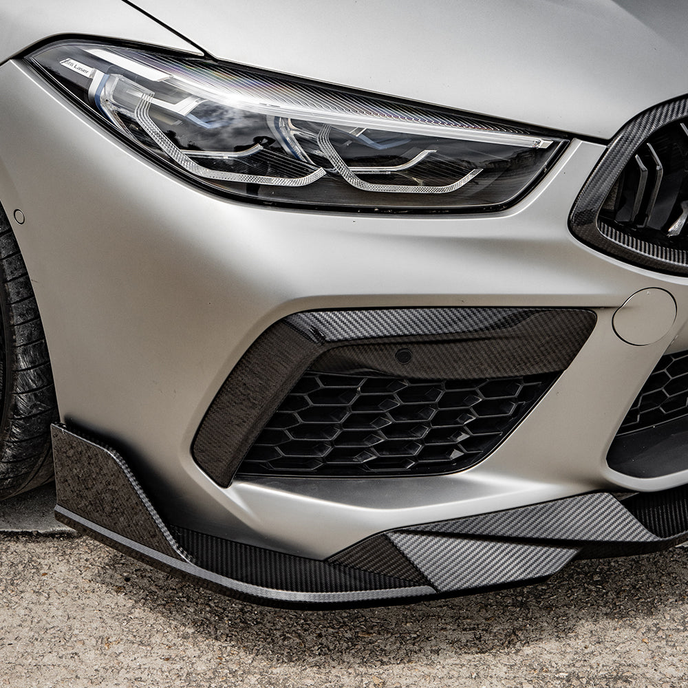 SOOQOO BMW M8  carbon fibre front splitter - full vehicle shot with part installed