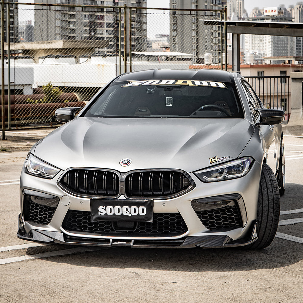 SOOQOO BMW M8  carbon fibre front splitter - top-down view showing panel alignment