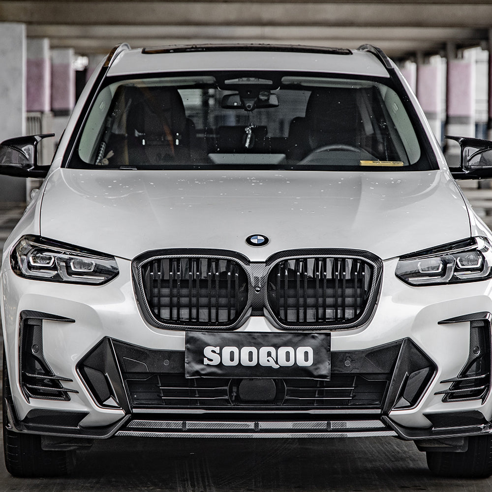 SOOQOO BMW iX3 G08 carbon fibre front splitter - close-up of carbon fibre weave detail