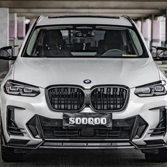 SOOQOO BMW iX3 G08 carbon fibre front splitter - close-up of carbon fibre weave detail