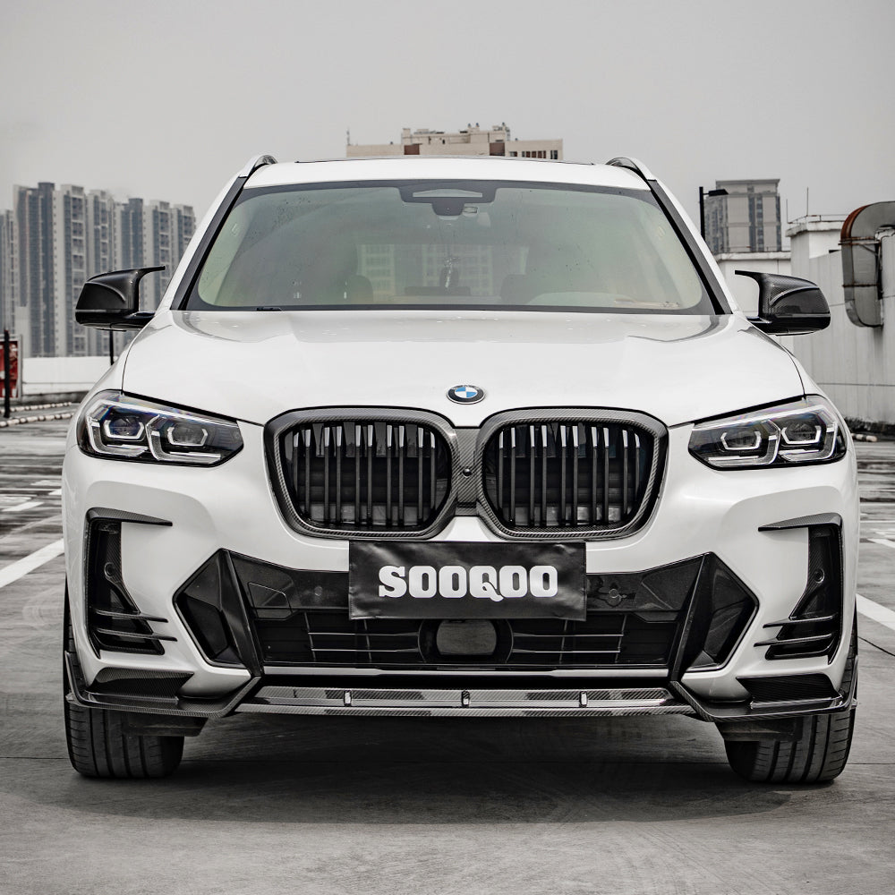 SOOQOO BMW iX3 G08 carbon fibre front splitter - full vehicle shot with part installed