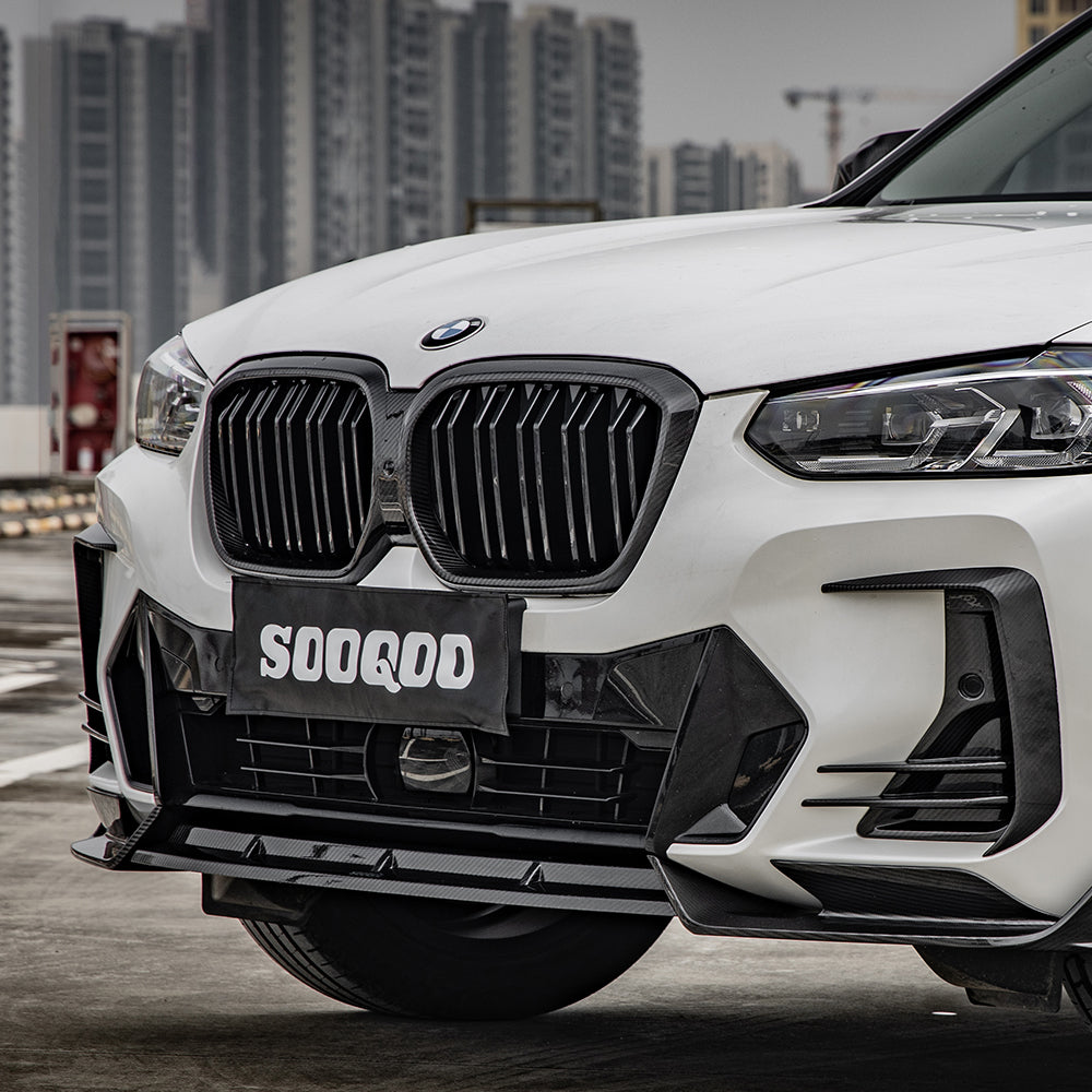 SOOQOO BMW iX3 G08 carbon fibre front splitter - rear three-quarter view