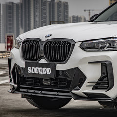SOOQOO BMW iX3 G08 carbon fibre front splitter - rear three-quarter view