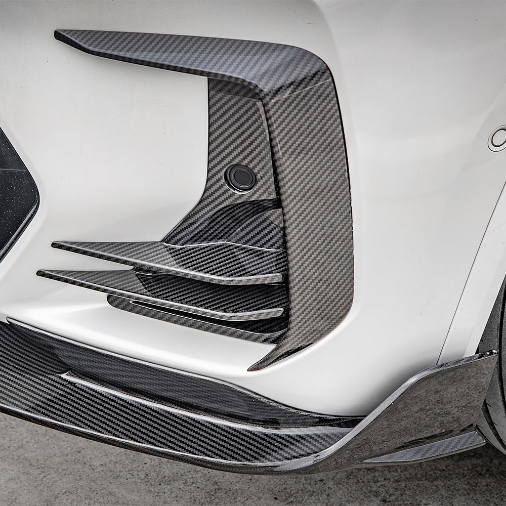 SOOQOO BMW iX3 G08 carbon fibre front splitter - top-down view showing panel alignment