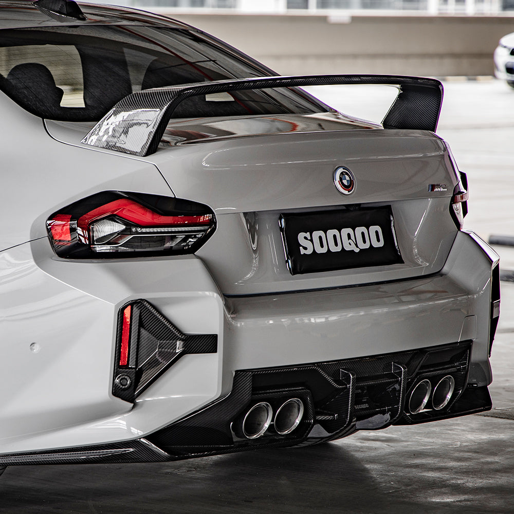 SOOQOO BMW M2 G87 carbon fibre rear diffuser - rear three-quarter view