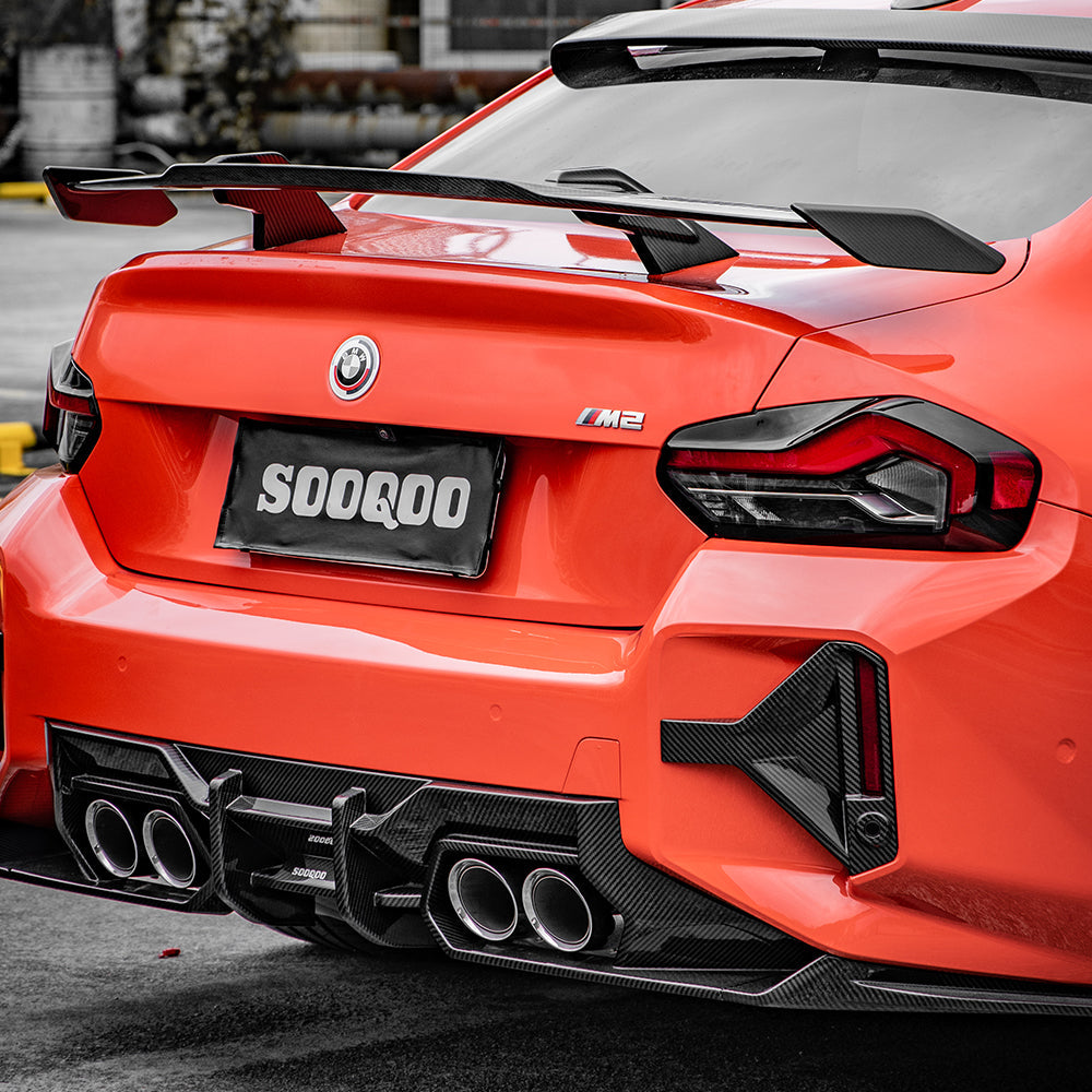 SOOQOO BMW M2 G87 carbon fibre rear diffuser - full vehicle shot with part installed