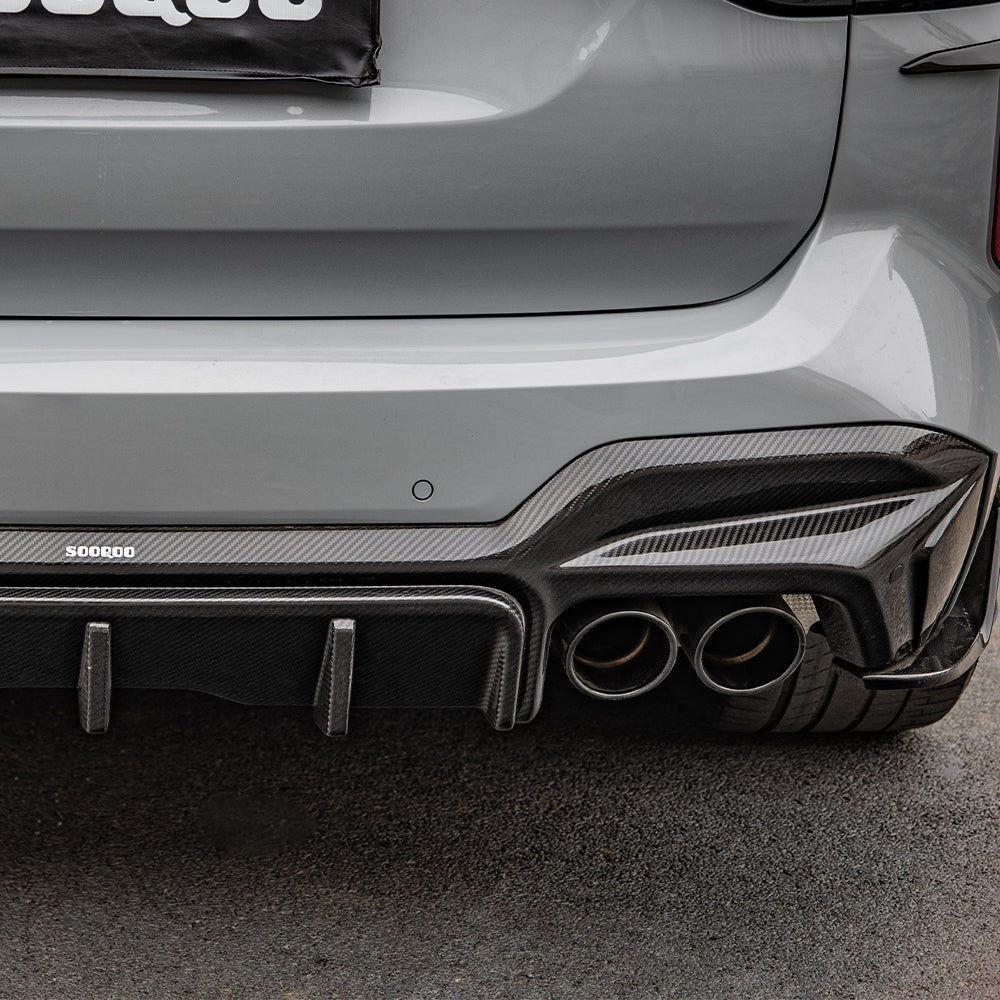 SOOQOO BMW X3M F97 carbon fibre rear diffuser - top-down view showing panel alignment