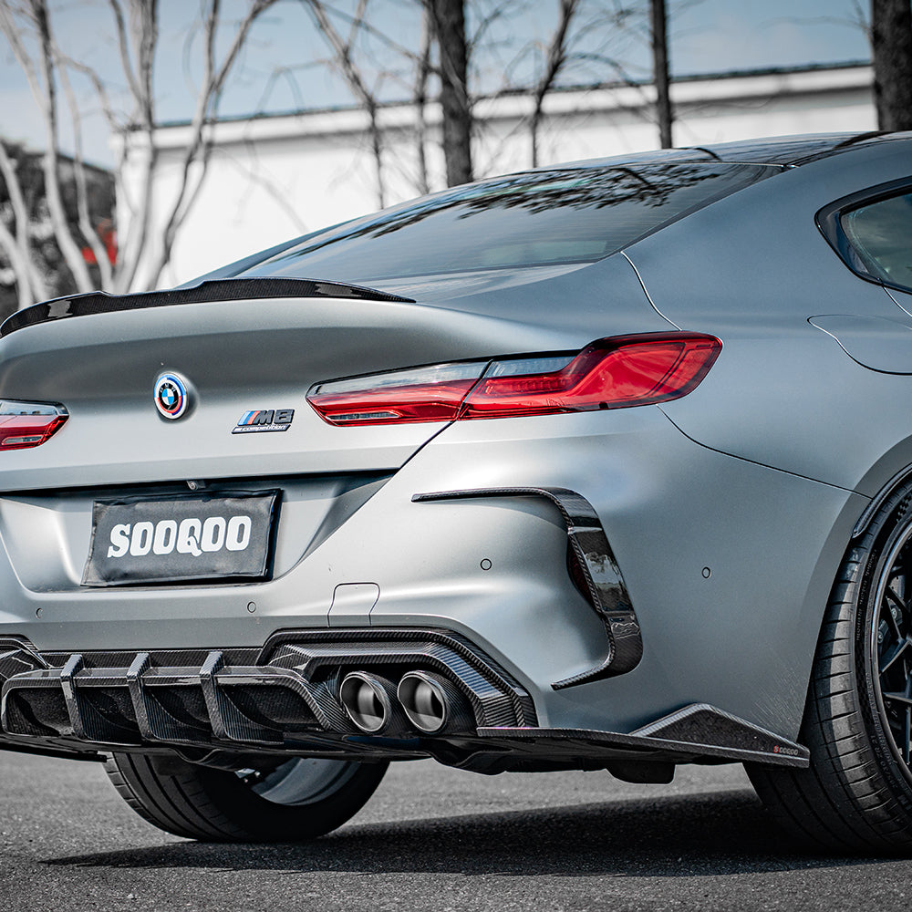 SOOQOO BMW M8 F93 carbon fibre rear vent trim - rear three-quarter view