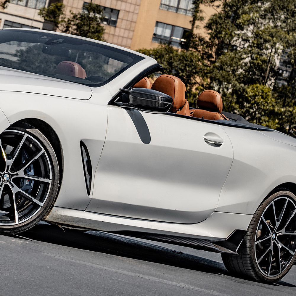 SOOQOO BMW M8 F92 carbon fibre side skirt - rear three-quarter view