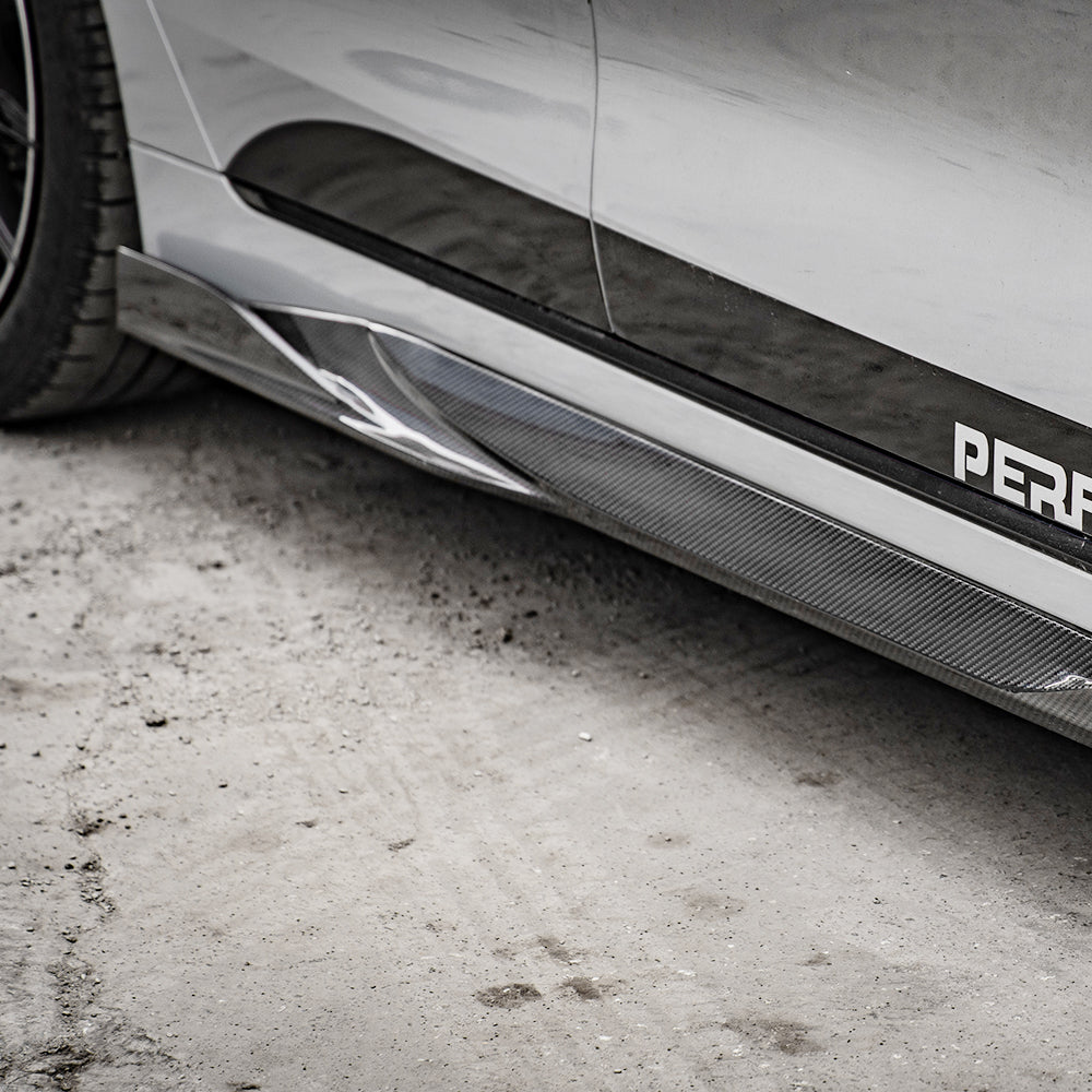 SOOQOO BMW 4 Series G26 carbon fibre side skirt - rear three-quarter view