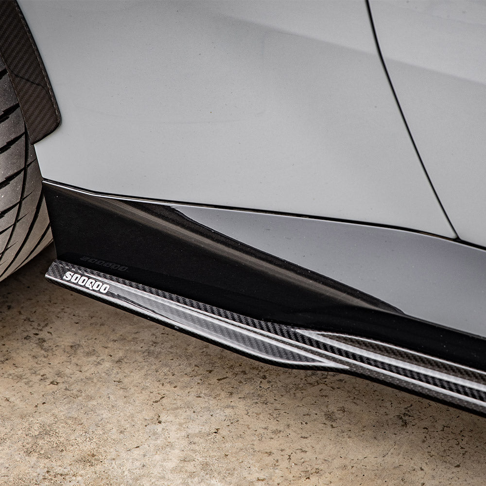 SOOQOO BMW 2 Series G42 carbon fibre side skirt - rear three-quarter view