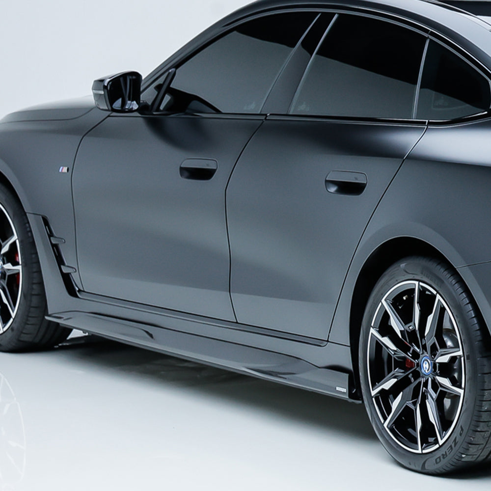 SOOQOO BMW i4 G26 carbon fibre side skirt - rear three-quarter view