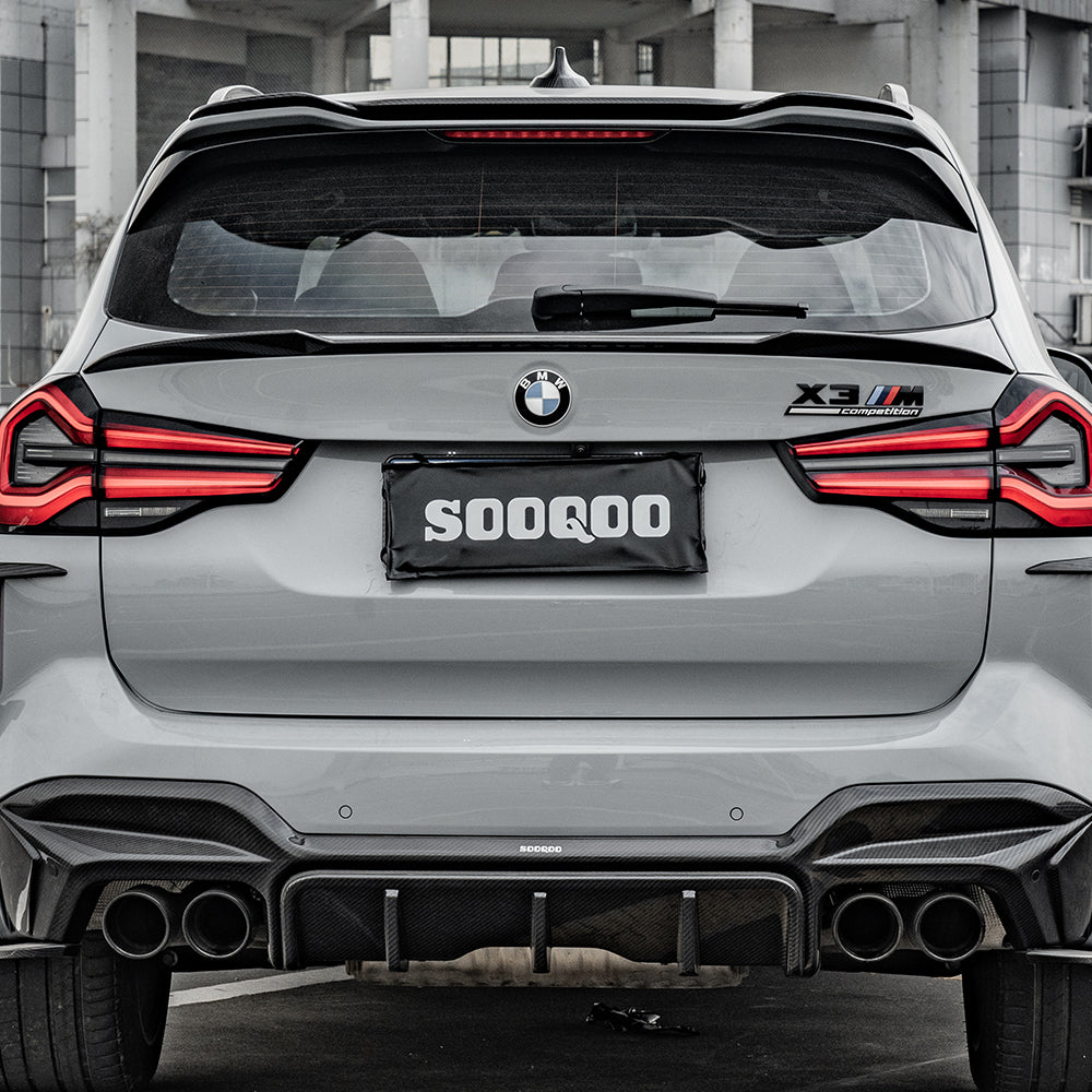 SOOQOO BMW X3M F97 carbon fibre spoiler - top-down view showing panel alignment